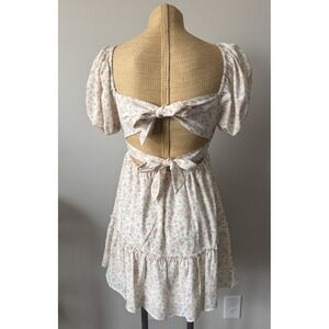Altar'd State White Ditsy Floral Mini Dress Tie Bow Back Cottagecore  Sz Small S